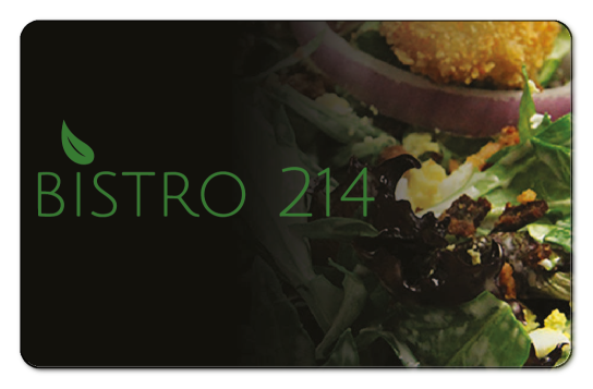 Bistro 214 logo over photo over salad